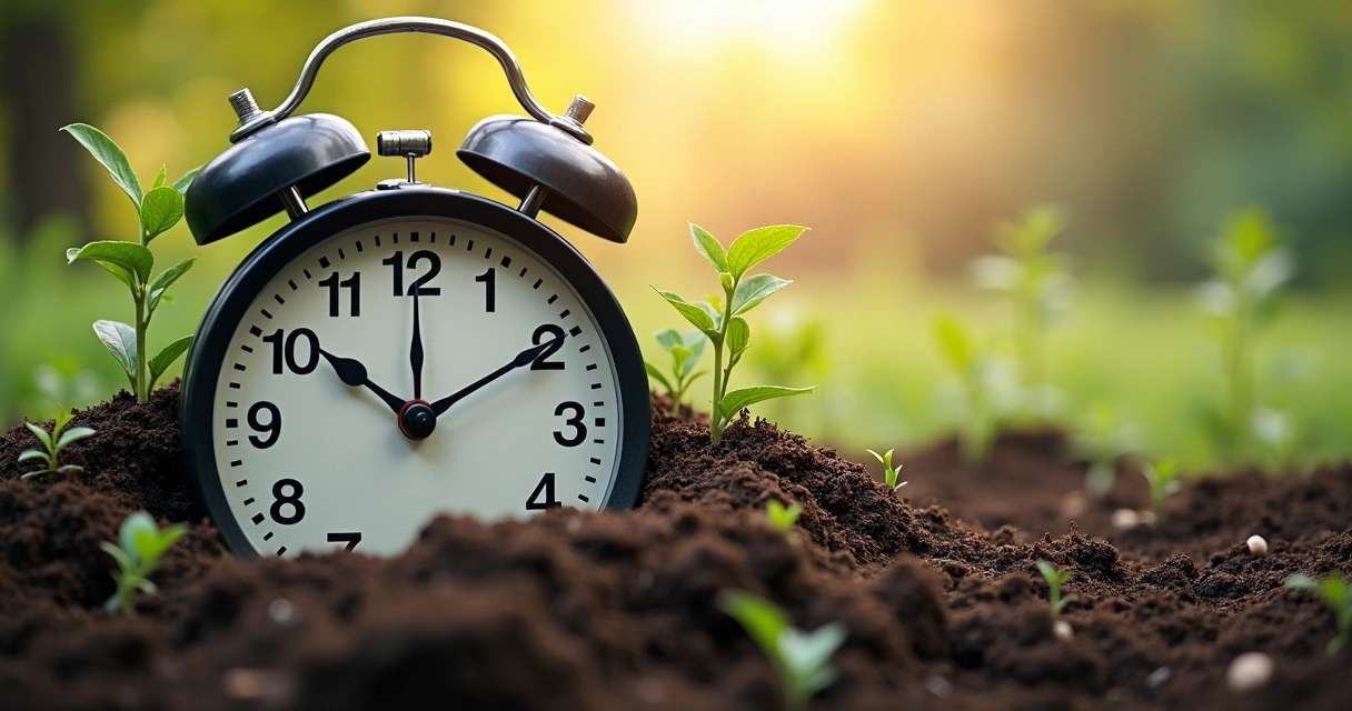 Relógio grande com raízes crescendo na base, integrando conceitos de tempo e crescimento