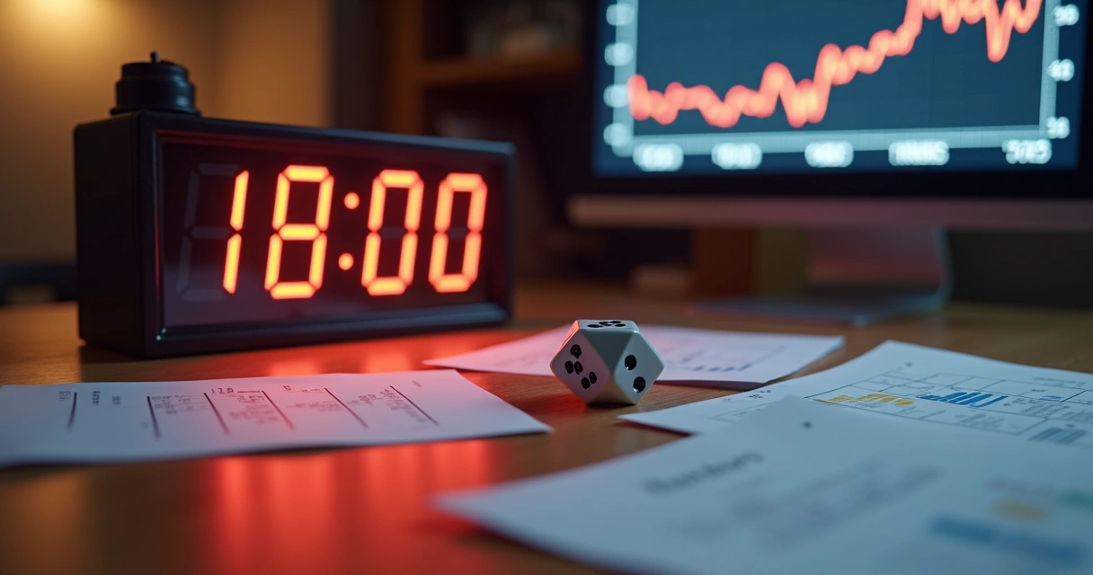 Relógio digital e dados de aposta em mesa