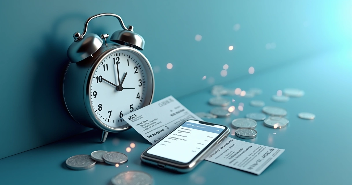 Relógio analógico grande ao lado de comprovante de depósito bancário sobre fundo azul 