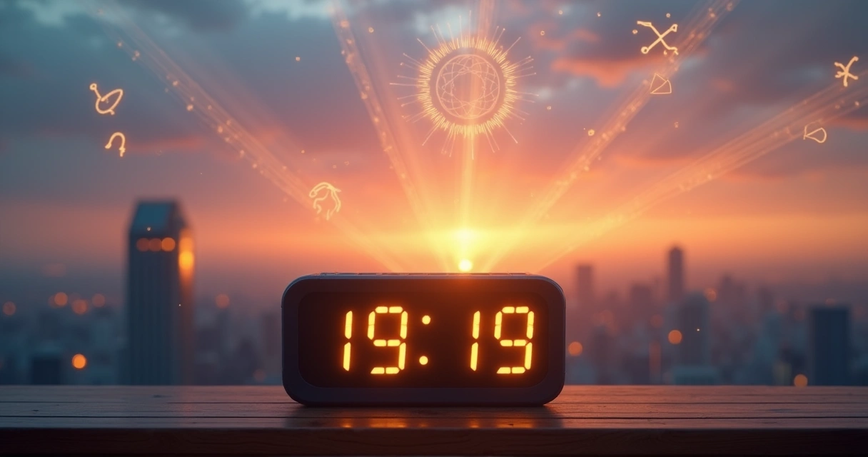 Relógio digital marcando 19:19 diante de céu colorido simbolizando mudança de ciclo 