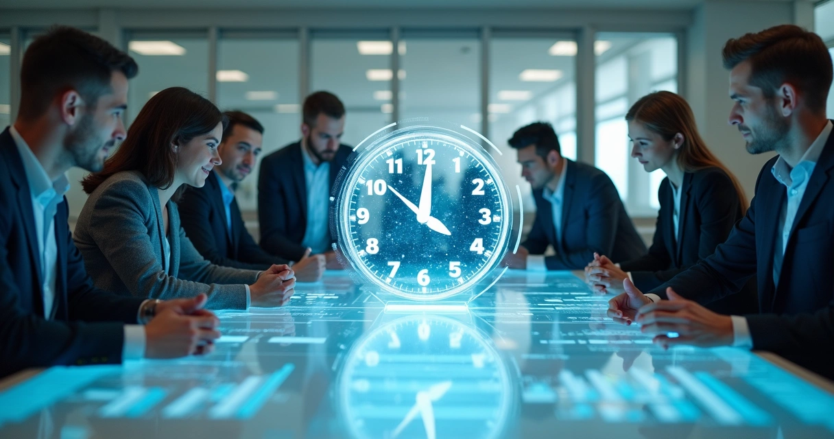 Equipe olhando para um grande relógio digital superposto a dados e gráficos digitais 