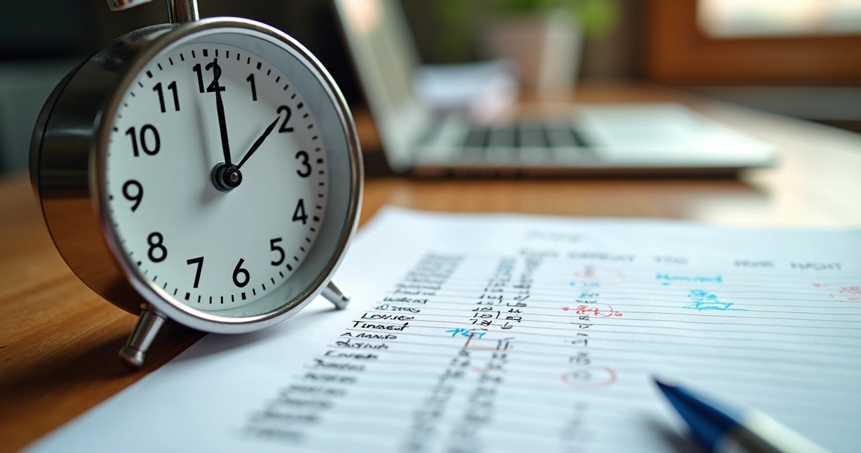 Relógio analógico próximo a folha de ponto com marcações de horas extras e limites de jornadas 