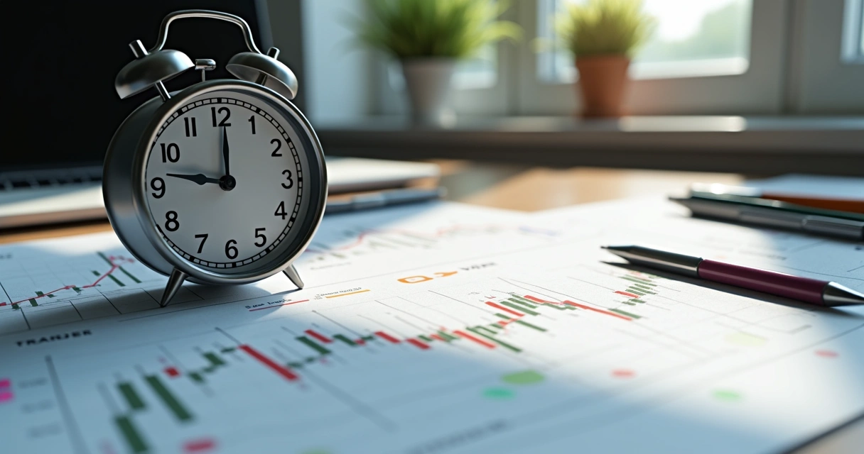 Relógio analógico ao lado de gráficos de trading com linhas coloridas. 