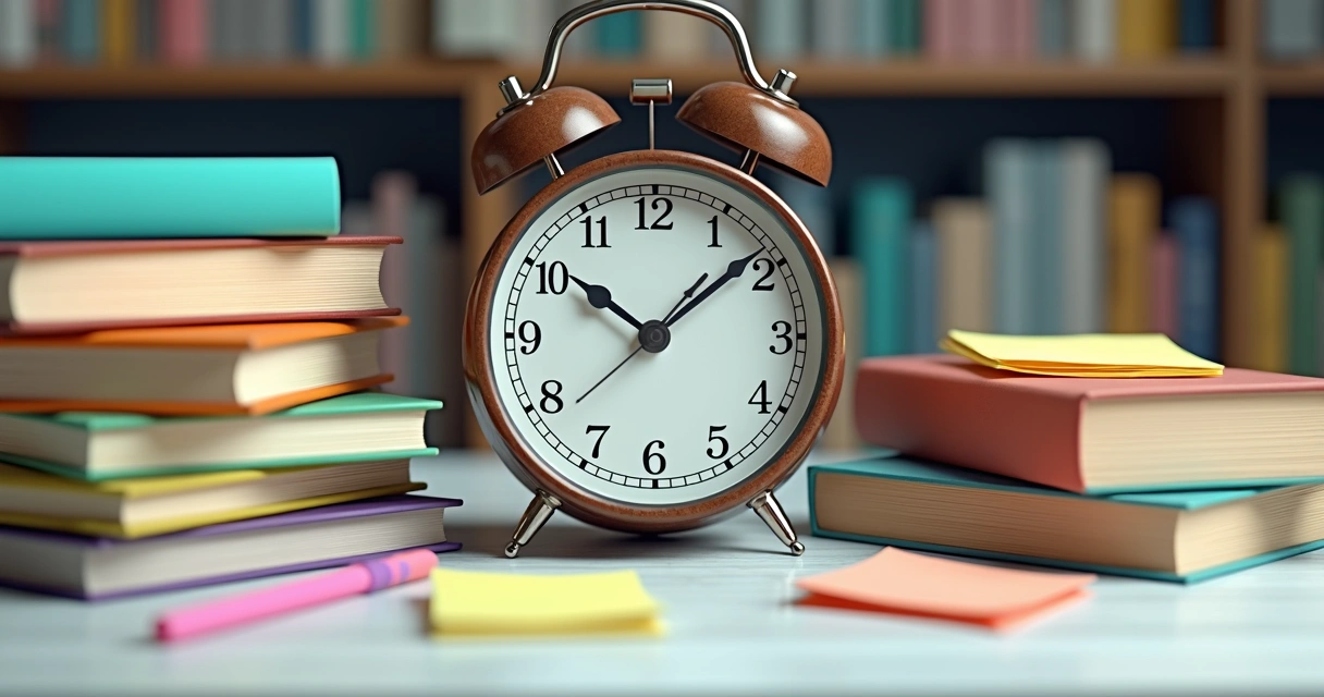 Relógio de mesa cercado por livros e materiais de estudo. 