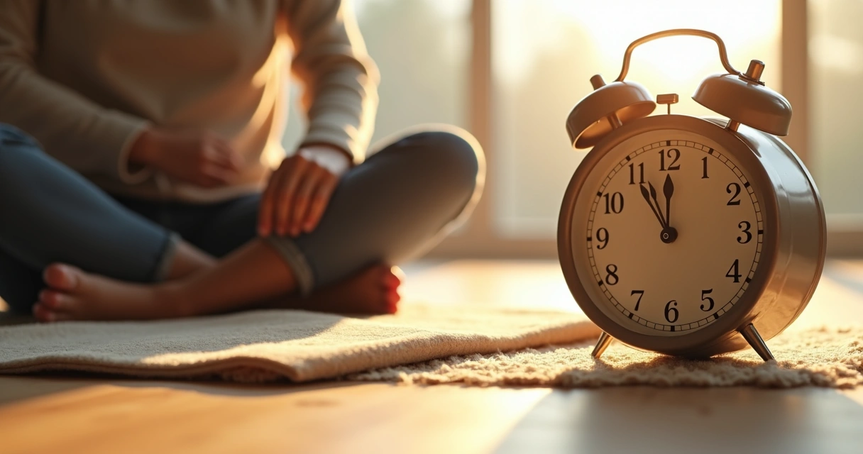 Relógio de ponteiros ao lado de uma pessoa sentada em postura de meditação. 