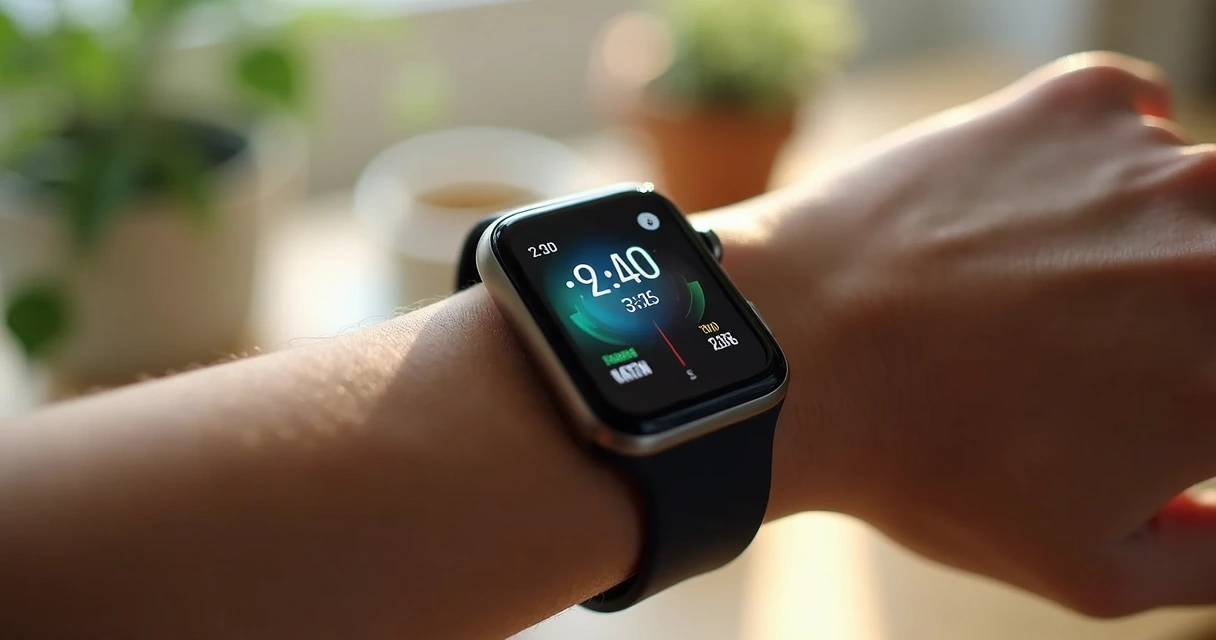 Pulso com relógio inteligente exibindo dados de saúde em interface digital colorida 