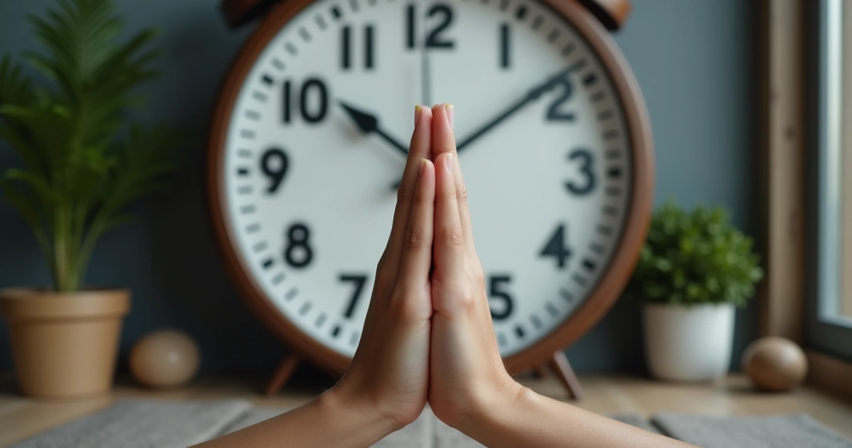 Relógio grande com mãos em posição de meditação à frente 