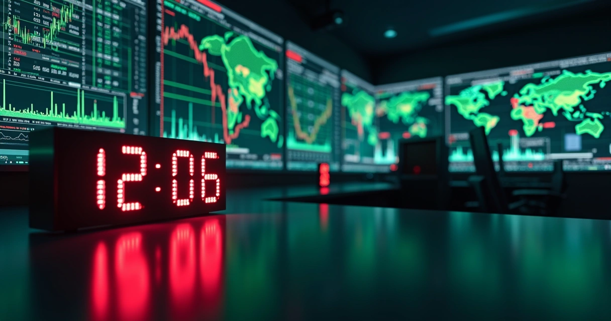 Relógio digital mostrando horários de abertura da bolsa com gráficos financeiros ao fundo 