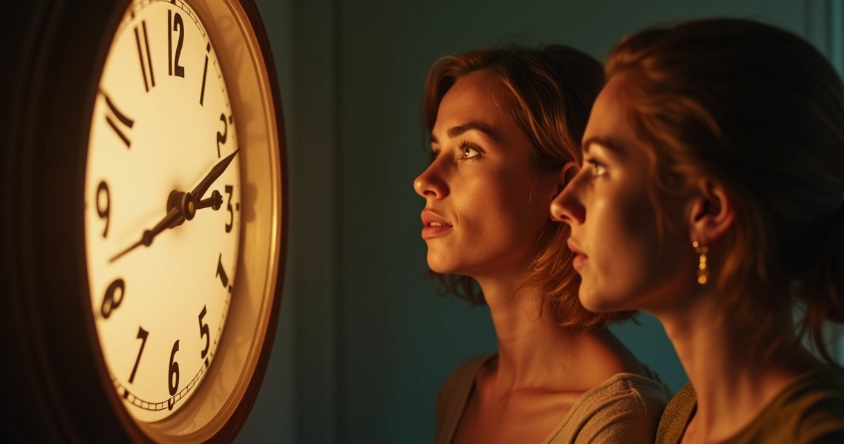 Relógio representando passagem do tempo ao lado de figuras humanas pensativas. 