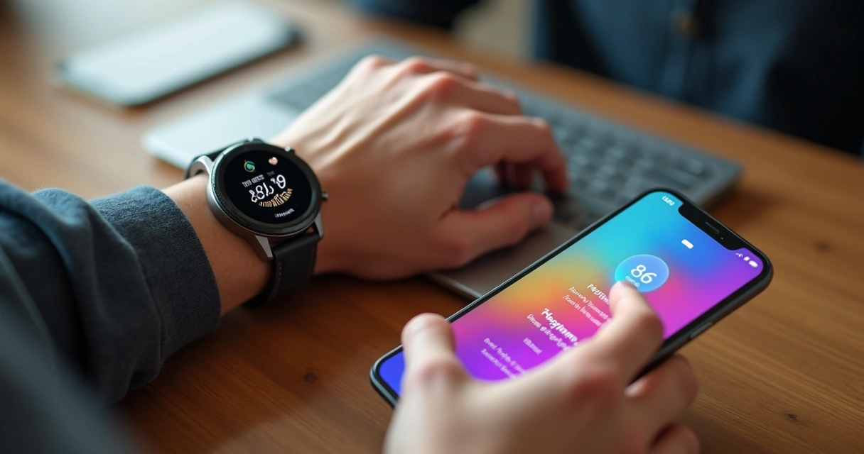 Relógio esportivo mostrando contagem de passos ao lado de smartphone com aplicativo de saúde 