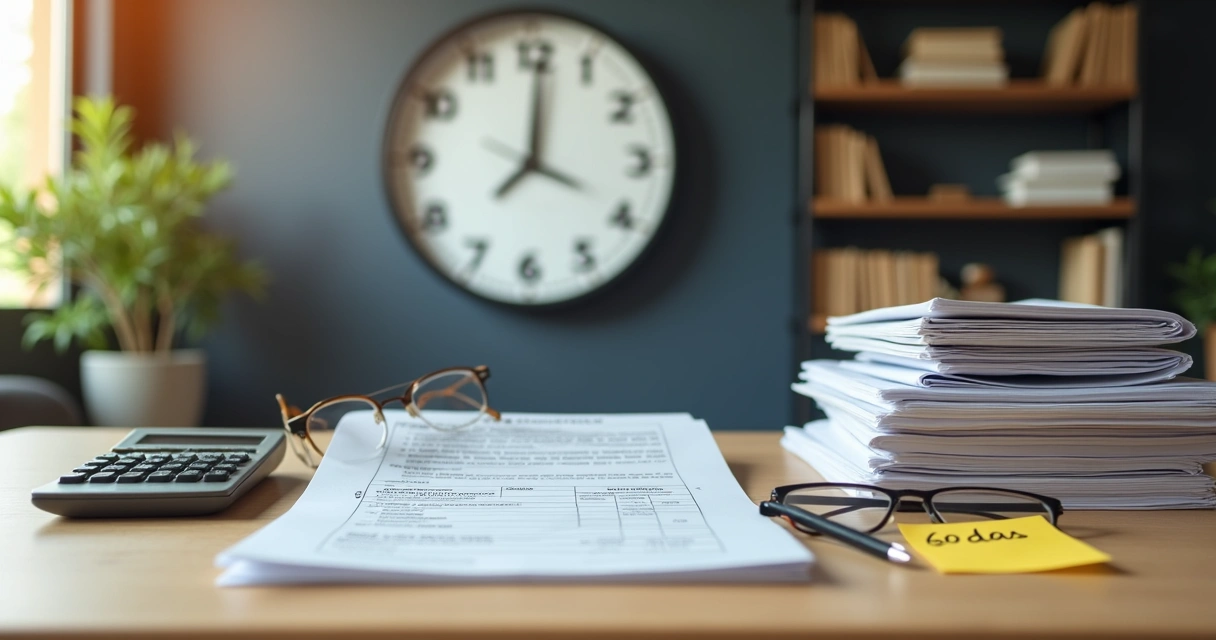 Relógio de parede grande ao lado de pilha de documentos de inventário e calculadora 