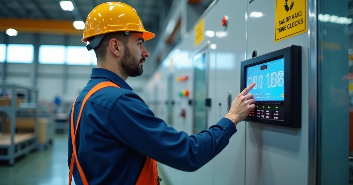 Funcionário registra ponto em relógio eletrônico na fábrica 