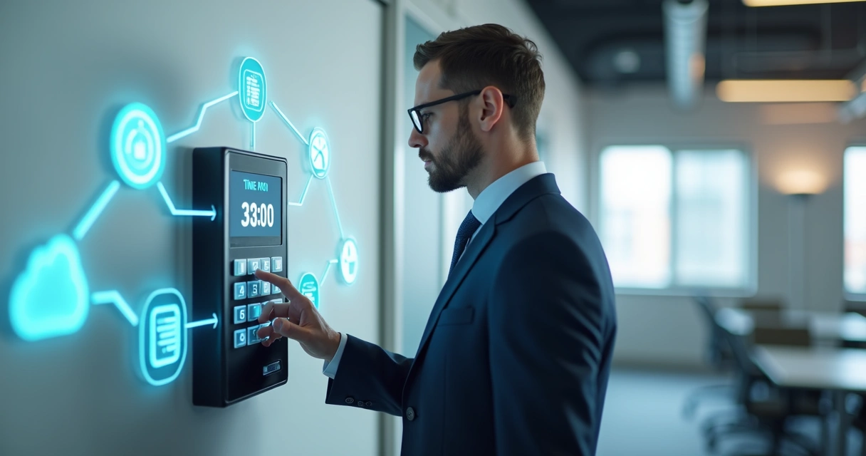 Funcionário olhando para o relógio de ponto digital numa empresa moderna 