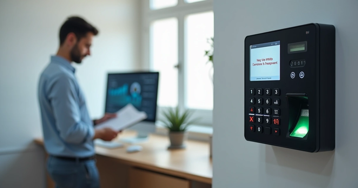 Gestor analisando relógio de ponto eletrônico com falha técnica no escritório 