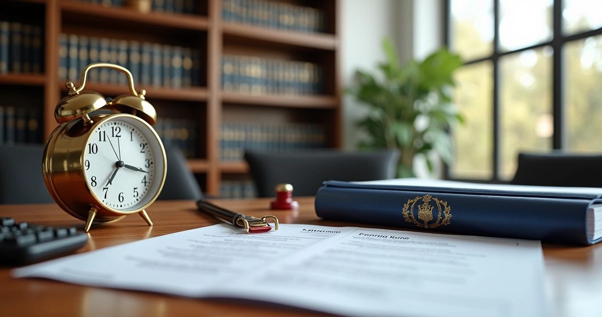 Relógio de mesa dourado ao lado de documentos de inventário e carimbo oficial 