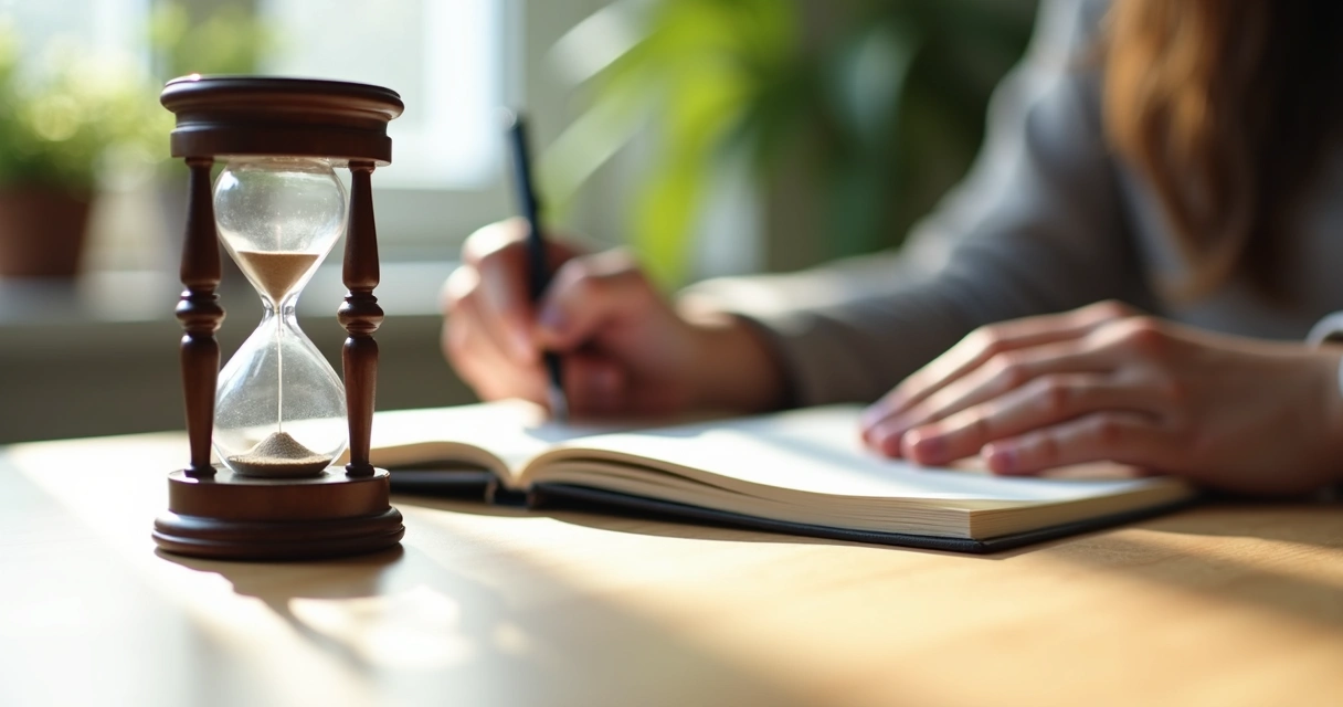 Relógio de areia e mãos relaxadas sobre livro aberto