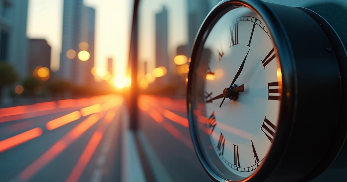 Relógio analógico desfocado com efeito de movimento acelerado e fundo urbano ao entardecer 