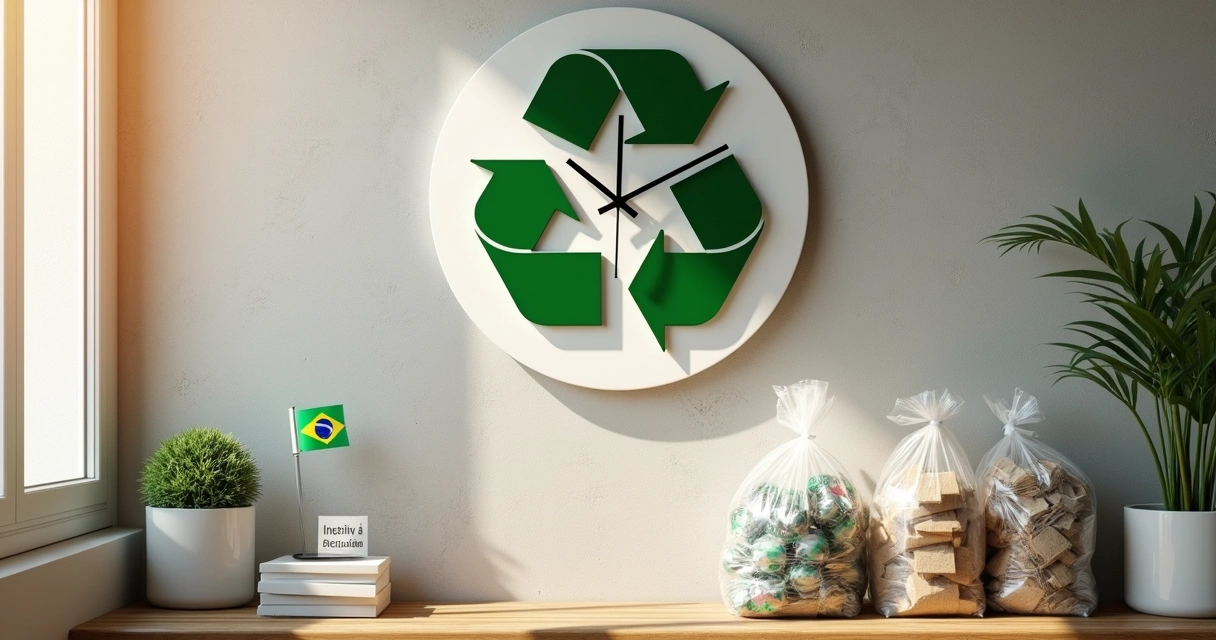 Relógio de parede verde formado por setas de reciclagem ao lado de pilhas organizadas de garrafas e papel 