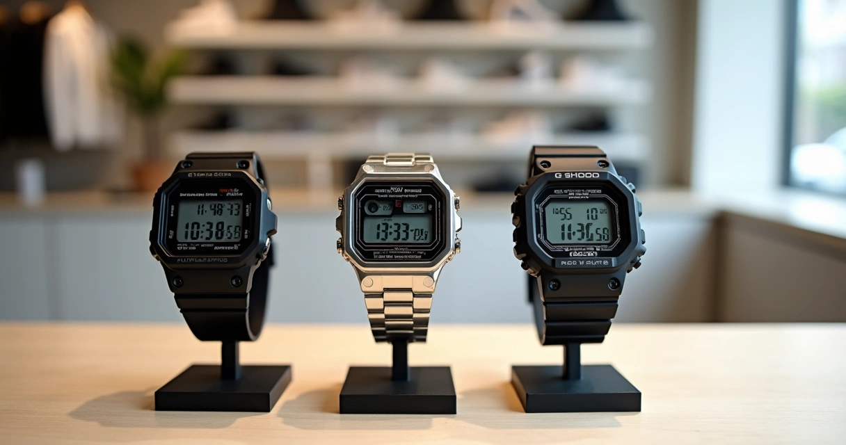 Relógios Casio clássicos exibidos em bancada moderna de loja urbana 