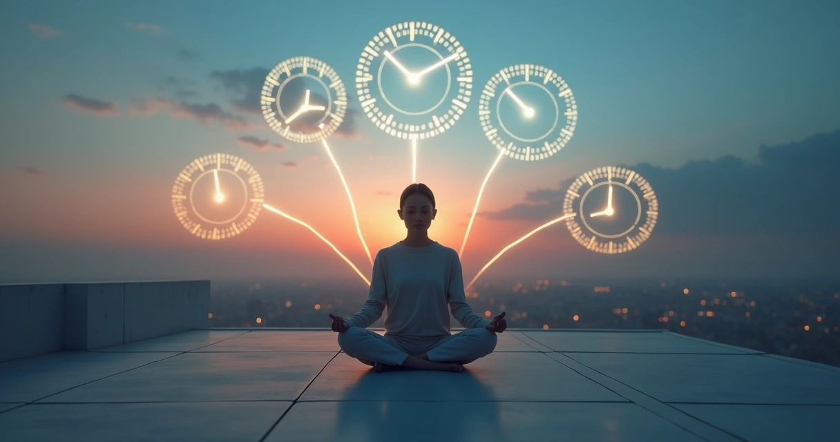 Pessoa meditando em frente a relógios transparentes sobrepostos no céu 