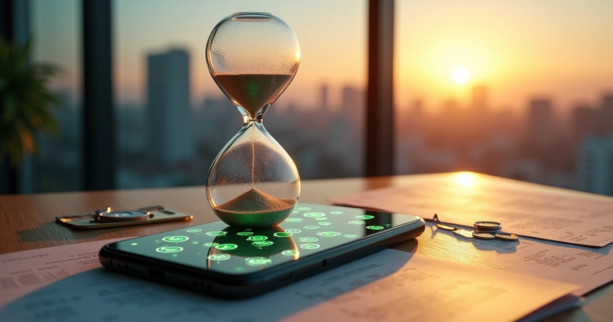 Reloj de arena gigante rodeado de mensajes de WhatsApp sin leer 