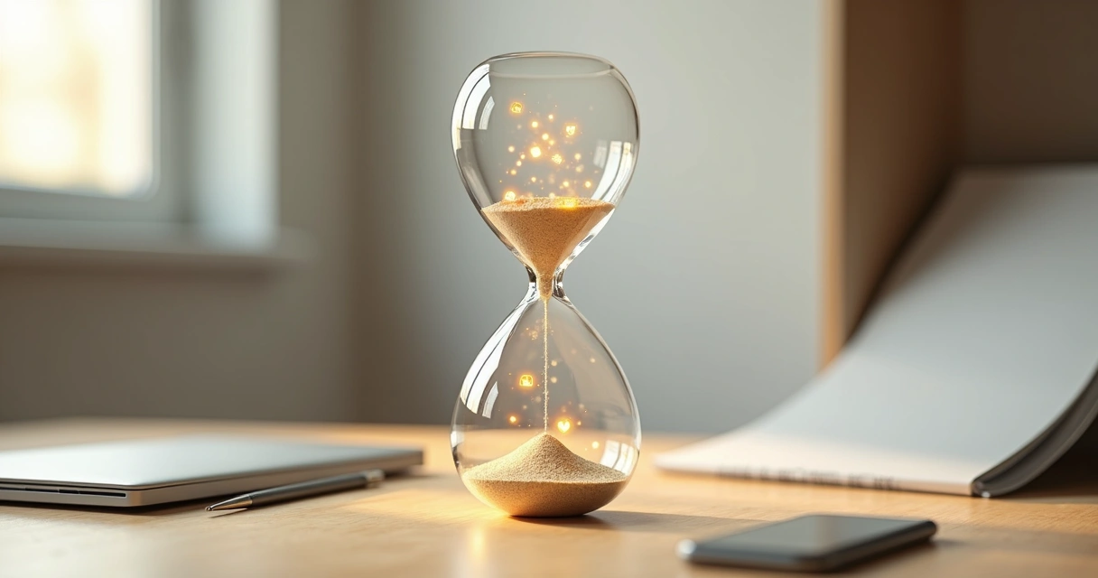 Reloj de arena transparente rodeado de iconos digitales flotando 