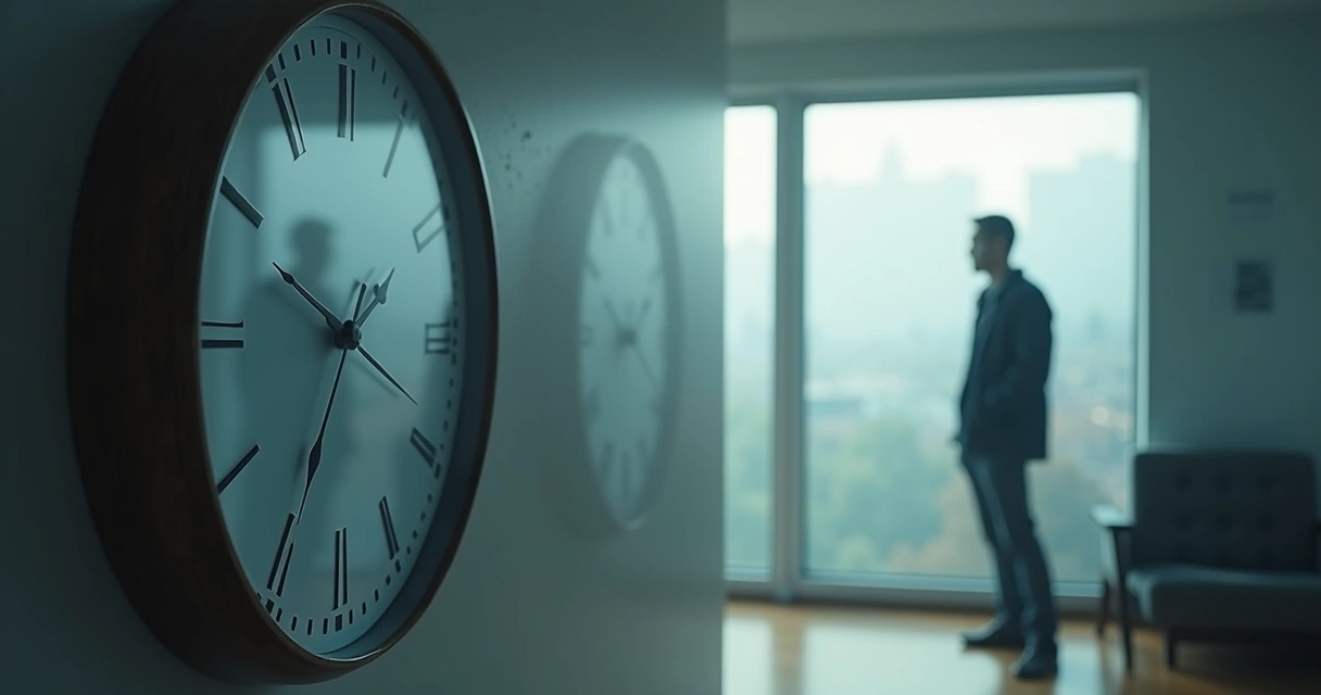 Reloj de pared y reflejo humano en un espacio en penumbra