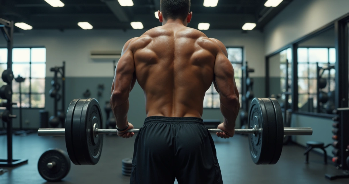 Pessoa realizando remada curvada com barra em academia