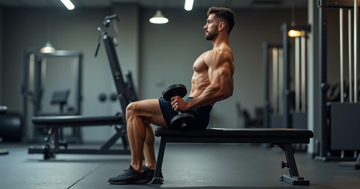Pessoa executando remada unilateral com halter em banco na academia 