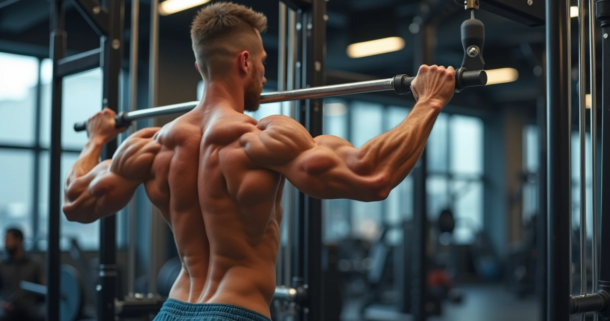 Homem fazendo remada unilateral na polia baixa, mostrando postura correta 