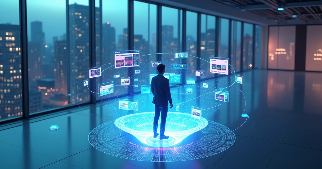 Executivo usando grande ímã digital para reconectar leads em ambiente corporativo futurista 