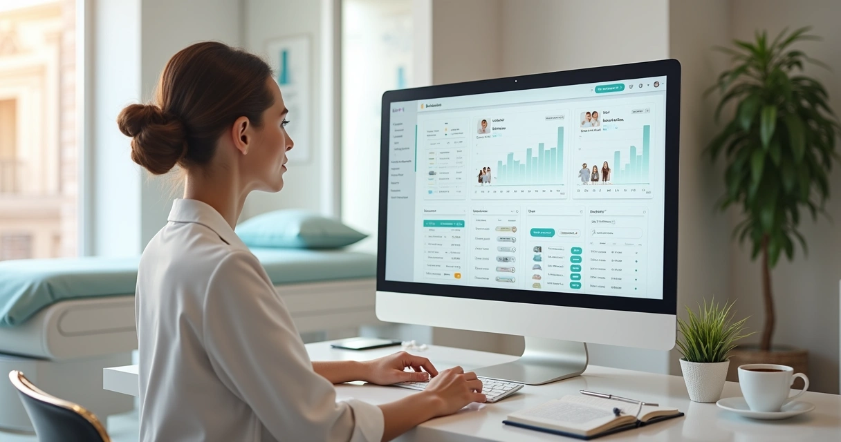 Gestora de clínica analisando painel de remarketing no computador com fotos de pacientes na tela 