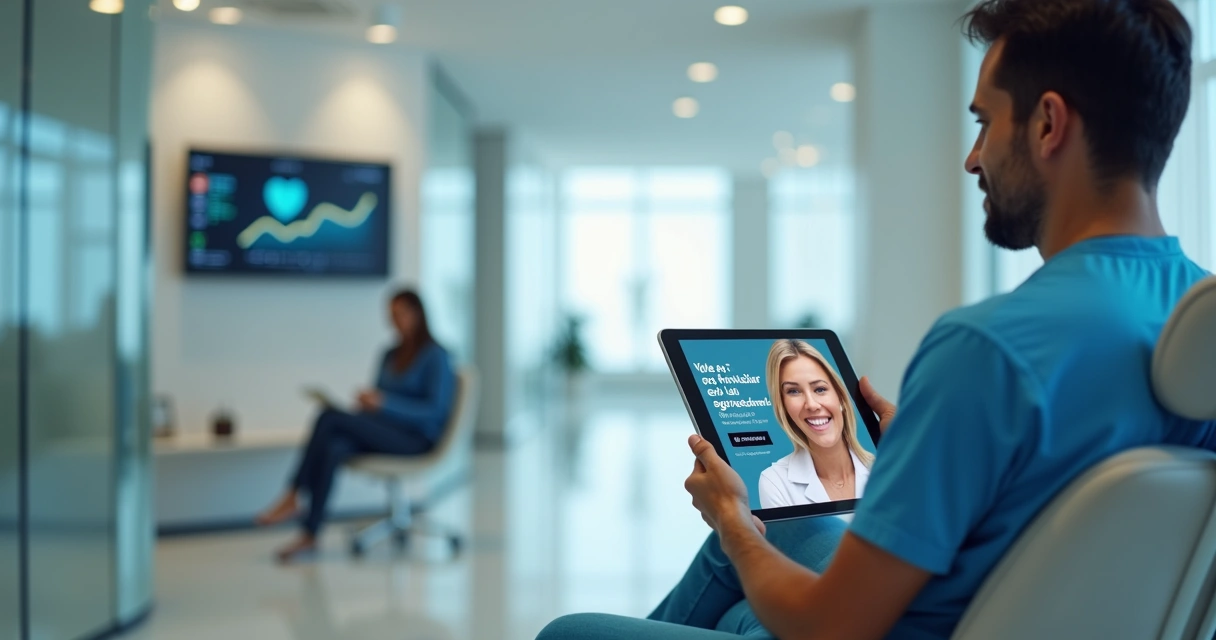 Dentista usando tablet com anúncio de clínica reaparecendo para paciente em ambiente moderno 