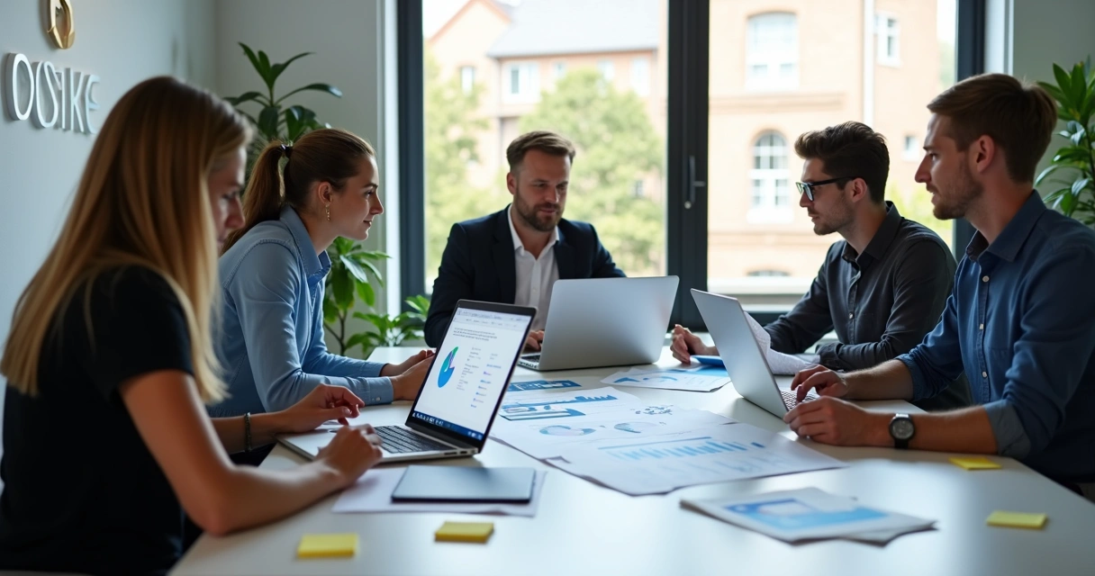 Equipe de corretores em roda analisando gráficos de remarketing 