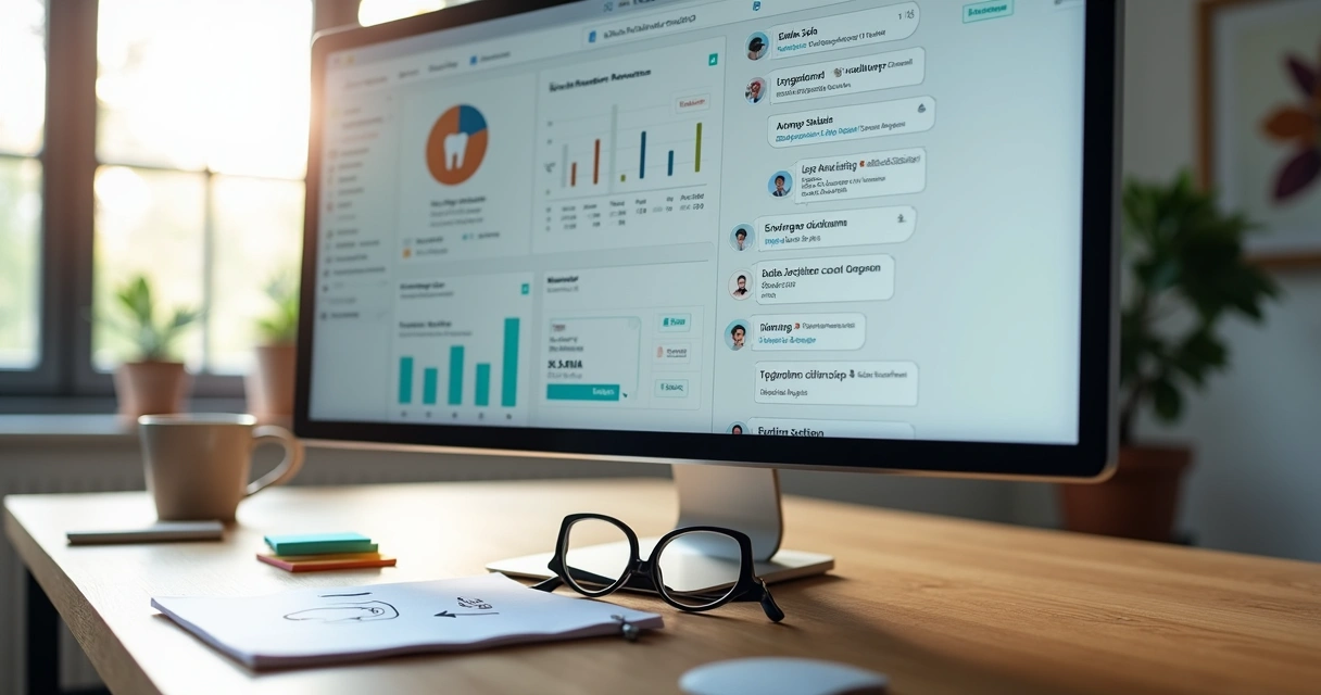 Tela de computador mostrando campanha de marketing odontológico personalizada 