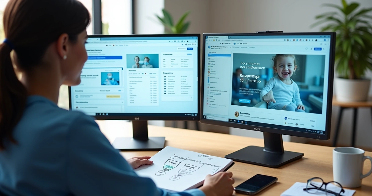 Profissional de marketing revisando segmentação de remarketing para clínica odontológica em monitor duplo 
