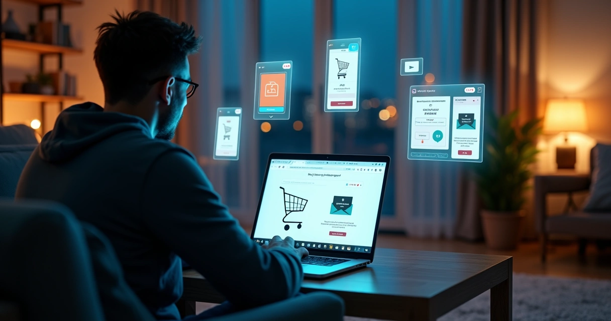 Cliente navegando em loja virtual cercado por anúncios digitais repetidos 