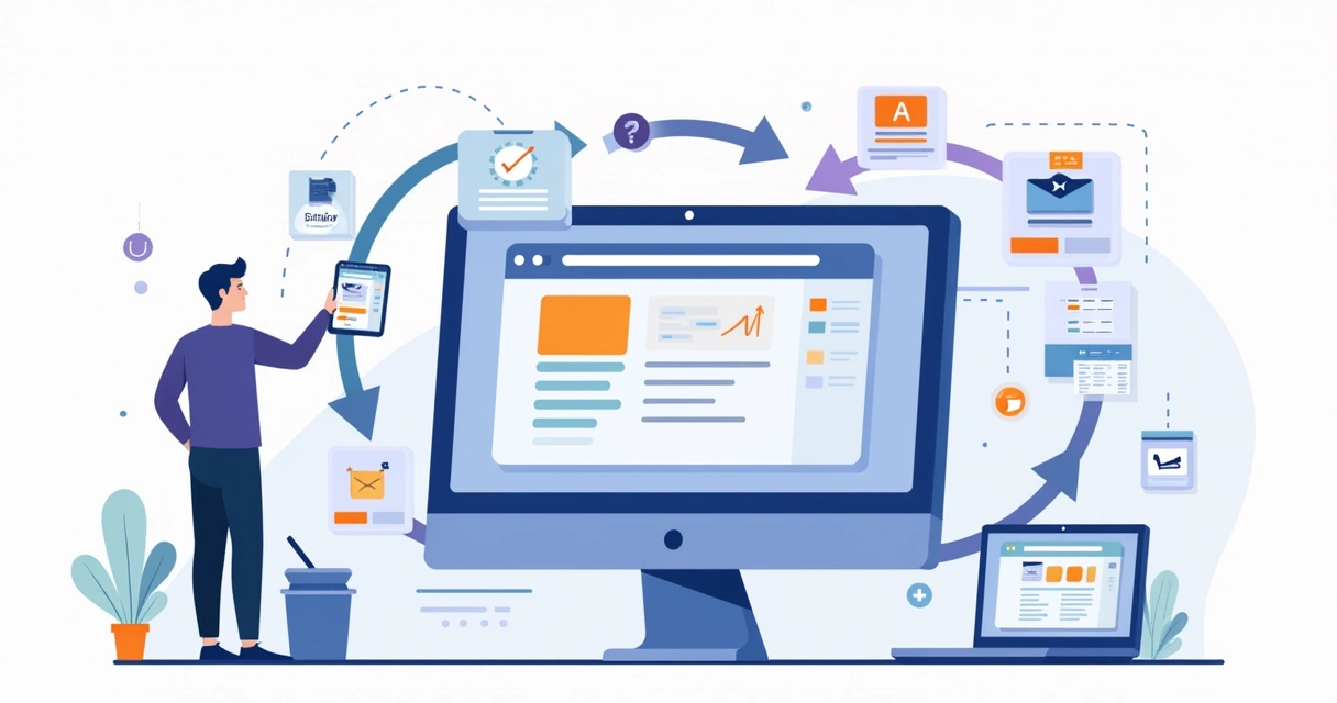 Ilustração de remarketing para serviços recorrentes com funil circular e página de venda em destaque 