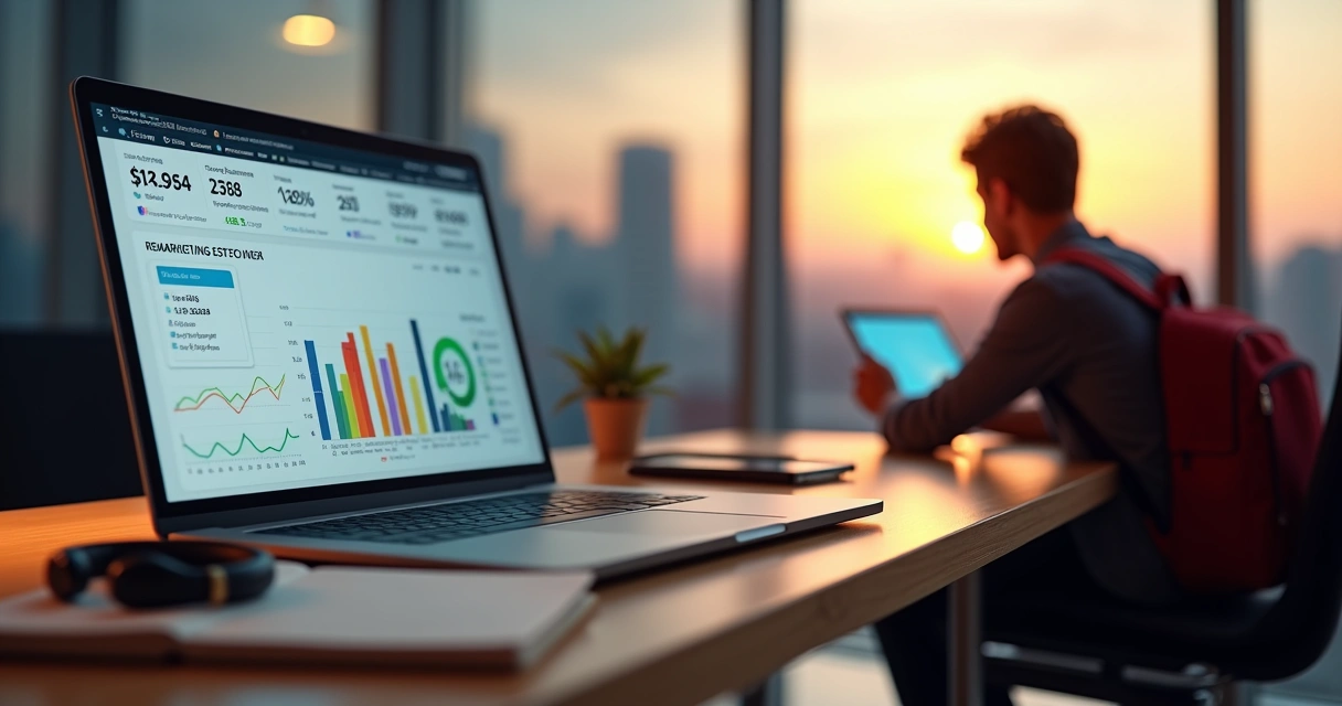 Painel com dados de remarketing para turismo ao lado de viajante indeciso diante de opções de viagem 