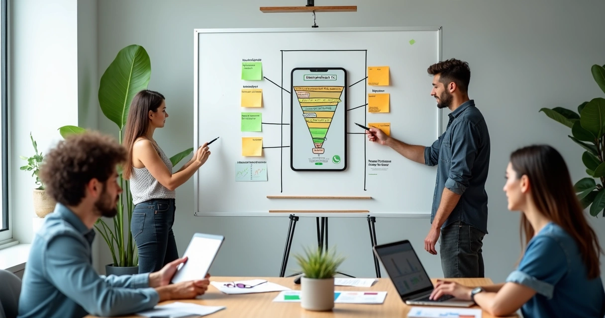 Equipe de marketing analisando remarketing no WhatsApp em quadro de funil de vendas 