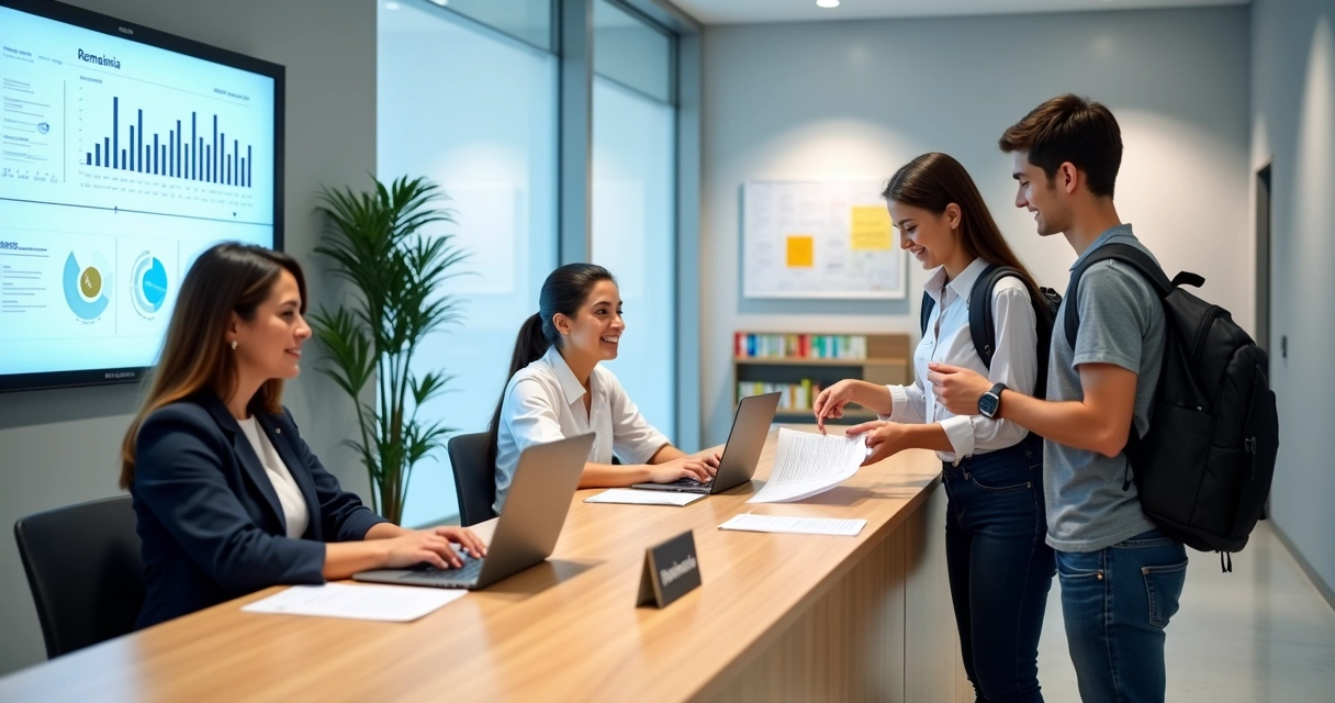 Equipe escolar atendendo pais e aluno em balcão de rematrícula 