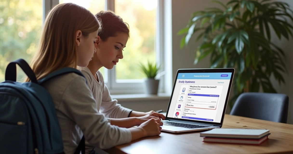 Pais rematriculando filhos e realizando pagamento em computador 