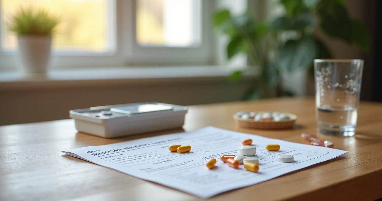 Caixa de medicamento de uso domiciliar sobre mesa ao lado de plano de saúde