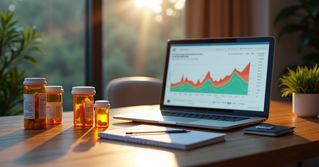 Mesa elegante com remédios para performance sexual, laptop aberto com gráfico de saúde, plantas e caderno ao lado, ambiente clínico moderno e sofisticado 