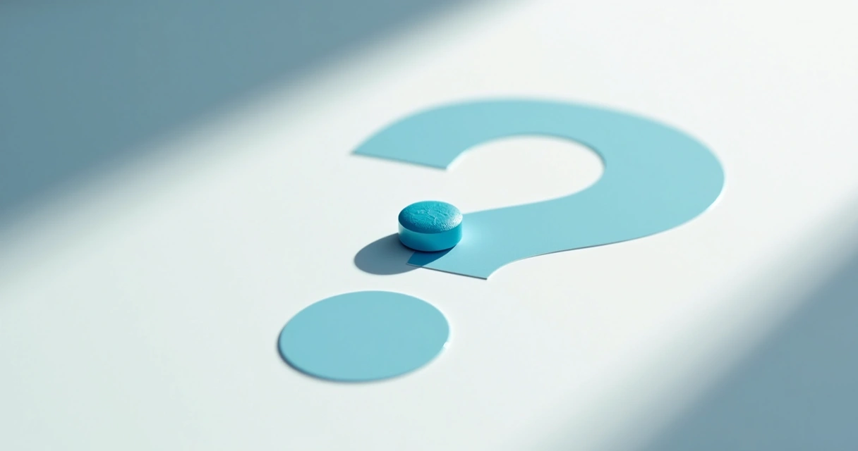 Comprimido azul sobre fundo branco com sombra de ponto de interrogação.