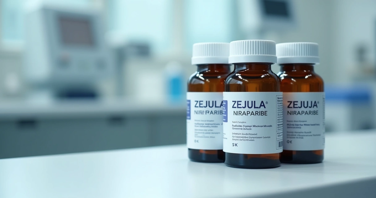 Frascos de medicamento niraparibe Zejula em mesa branca de hospital 