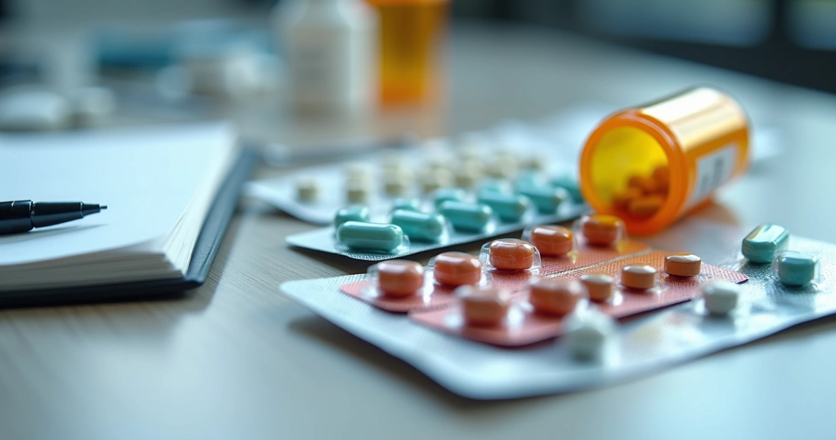 Cartelas de medicamentos e cápsulas sobre a mesa 