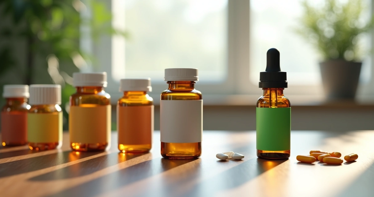 Embalagens de remédios tradicionais e frasco de canabidiol lado a lado 