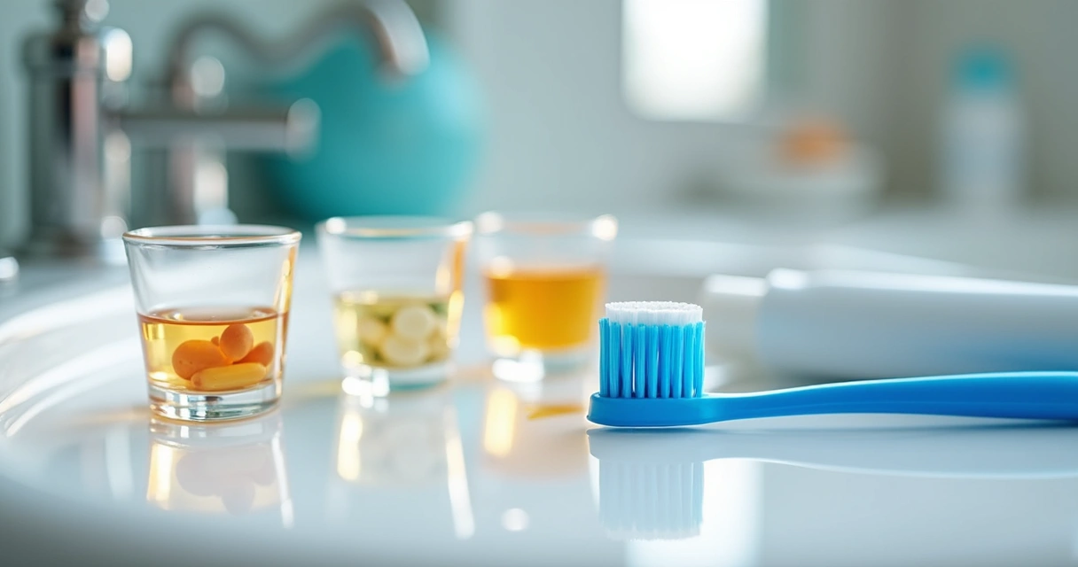 Medicação para dor de dente em copos próximos a uma escova dental 
