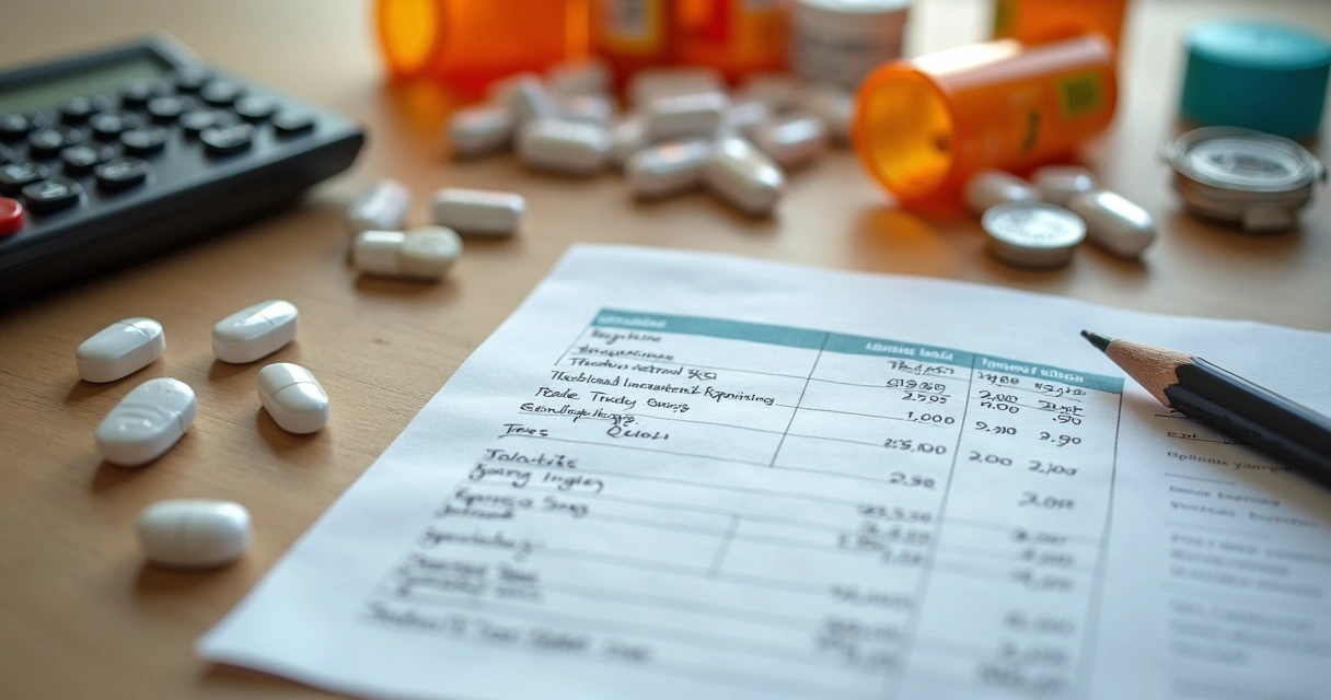 Remédios ao lado de uma planilha de despesas pessoais sobre mesa 